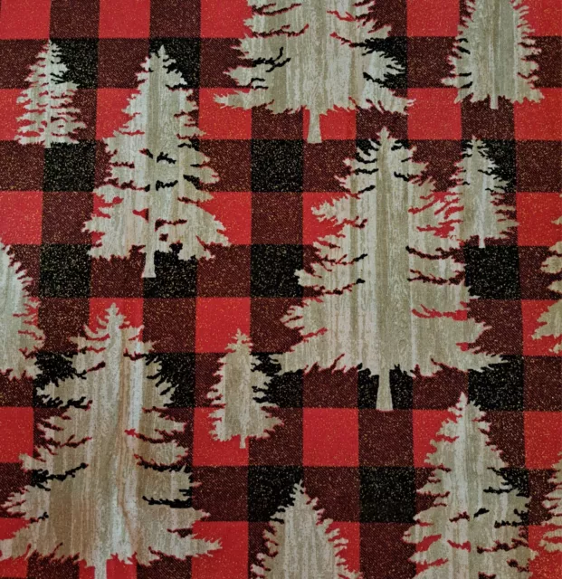 1 Yard Christmas Pine Trees Print 100% Cotton Plaid Glitter Sewing Fabric BTY