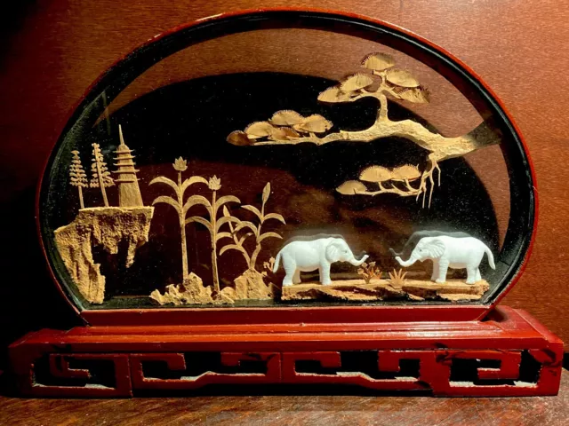 VTG Hand Carved Cork Diorama Pagoda Trees Elephants Rosewood Art Case Signed