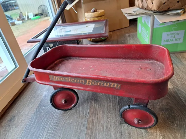 Small AMERICAN BEAUTY Red Metal Pull Wagon 1950s Awesome Rusty Patina ADORABLE!