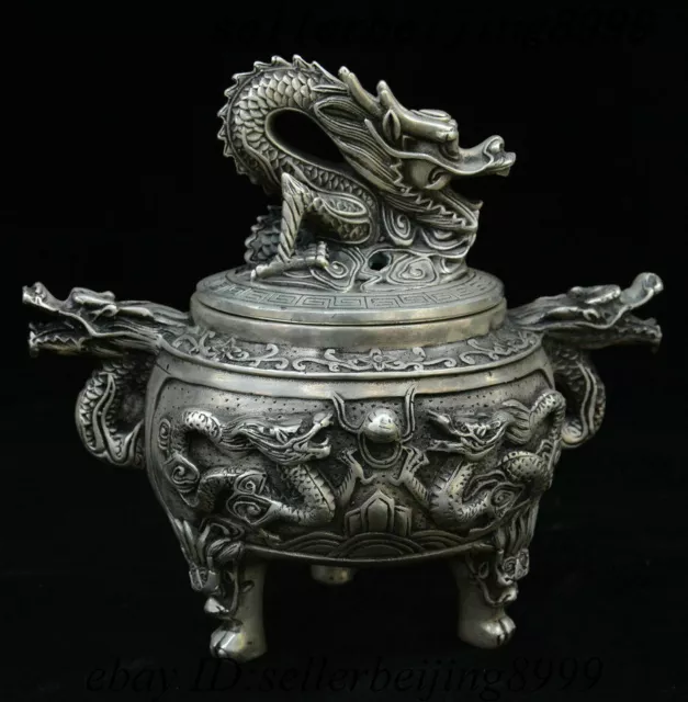 Antique Tibet Silver Fengshui Dragon Loong Beast Head Incense Burners Censer