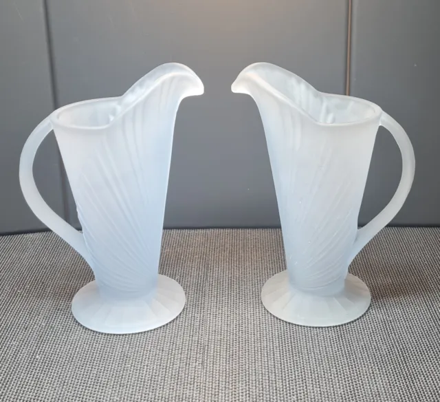 Stunning Pair Of Bagley Art Deco Blue Frosted  Glass 'Sunburst' Jugs  7" Size