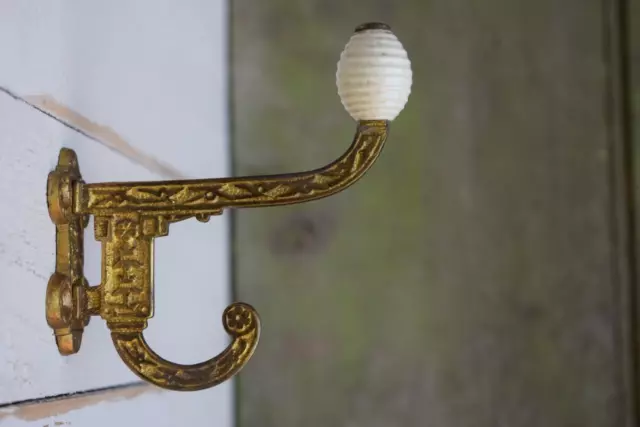 Reclaimed Victorian Brass Coat Hook With Porcelain Tip / Old Vintage Peg