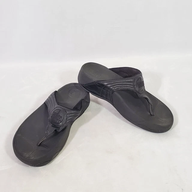 Fitflop Womens Sz 7 Black Leather Thong Flip Flop Sandals Micro Wobbleboard