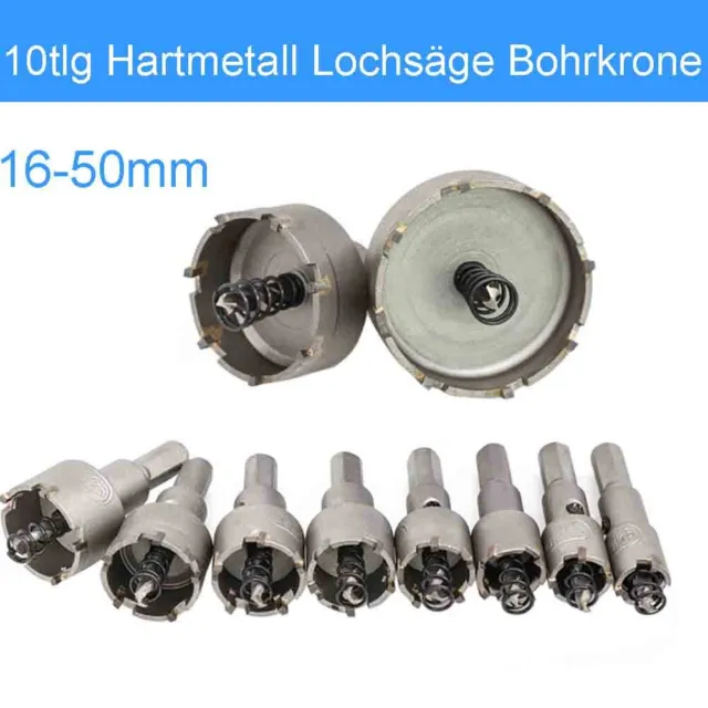 10 tlg Lochsäge Hartmetall Bohrkrone Kreisschneider für Edelstahl 16-50mm Bohrer