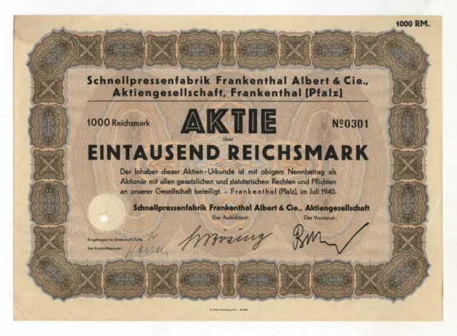 ALBERT & Cie. AG, Frankenthal (Pfalz) – Aktie über 1.000 RM, Juli 1940