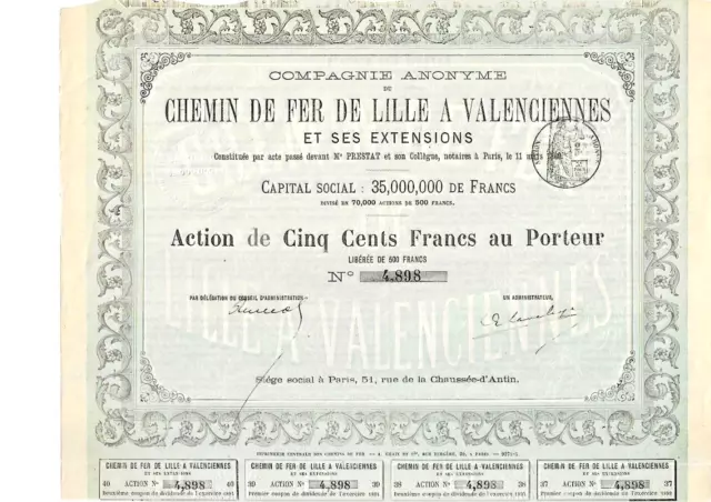 F.  Compagnie Chemin de fer de Lille a Valenciennes, Paris  Aktie  500 Fr.  1869