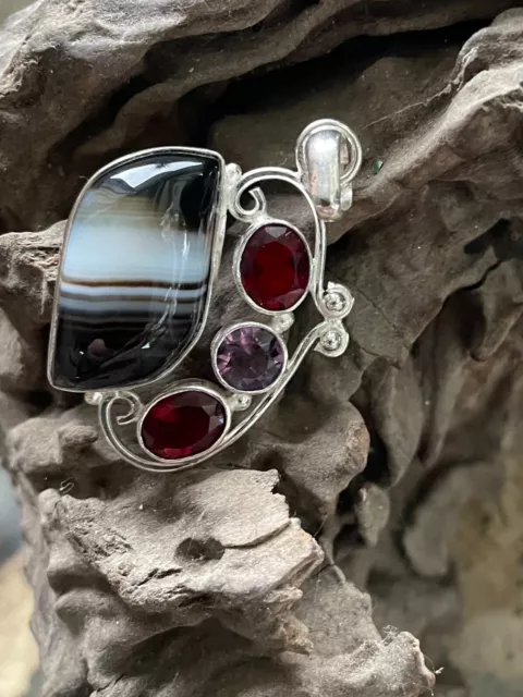 Crazy Lace Agate, Natural Garnet and Amethyst .925 Sterling Silver Pendant