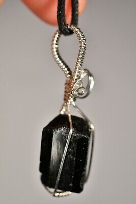 BLACK TOURMALINE Crystal Pendant +Cord 4.8cm 10g *Sterling Silver* Wire Wrapped 3