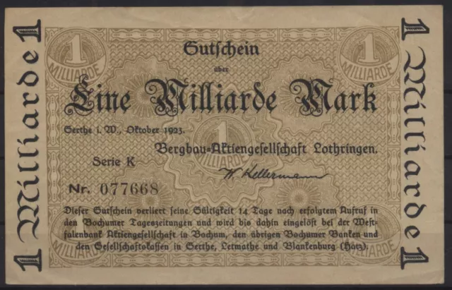 [26557] - Notgeld GERTHE, Bergbau-AG Lothringen, 1 Milliarde Mark, 00.10.1923, K