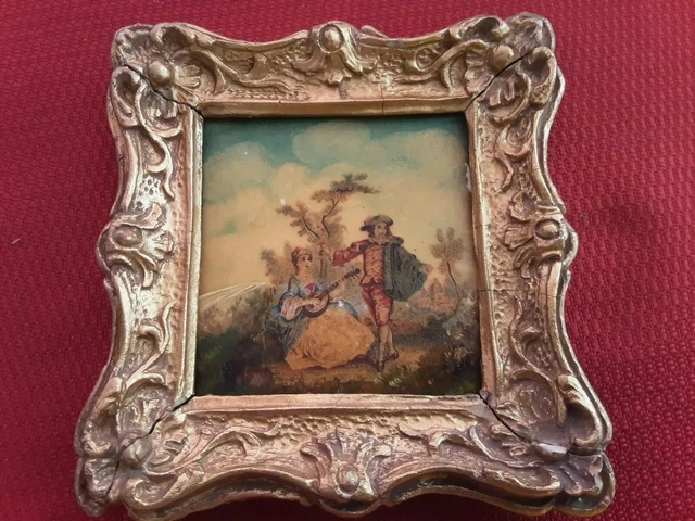 Antique Victorian Signed Wheeling Hand Painted Ceramic Framed Tile 2" X 2".