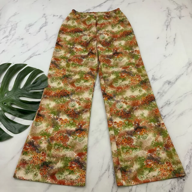 Womens Vintage 70s Wide Leg Flare Pants Size 14 Orange Green Floral Pull On