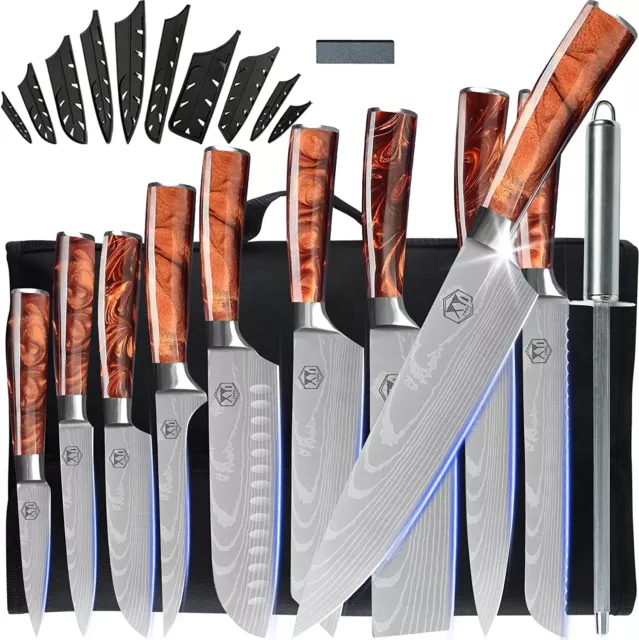 XYJ 13pcs/set Chef Knives With Carry Bag Sharpener Rod Whetstone Laser Pattern