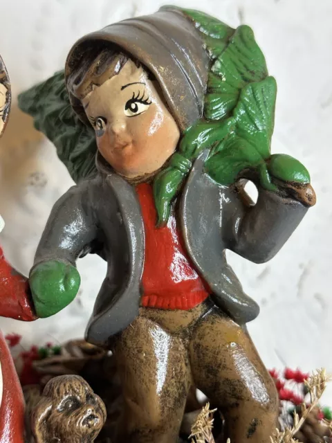 Vintage Ceramic Girl Puppy Boy Carrying Tree Christmas Figurine Birch Pine Comes 6