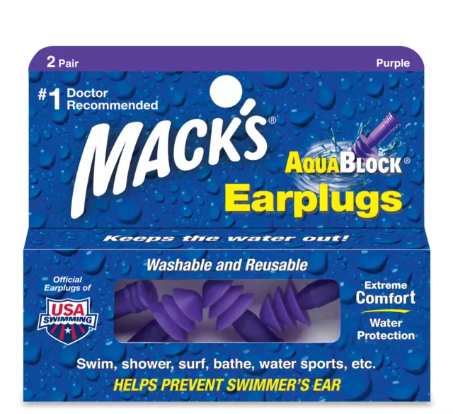 Macks (Mack's) Aquablock Swimming Earplugs 1 & 2 Pair Purple Or Clear