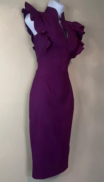 'Victoria Beckham look' ASOS Rare Purple Bodycon Midi Dress Ruffle DeepV-Neck XS