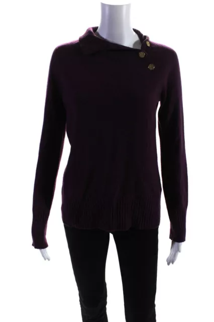 Tory Burch Womens Logo Button Trim Cashmere Turtleneck Sweater Purple Medium