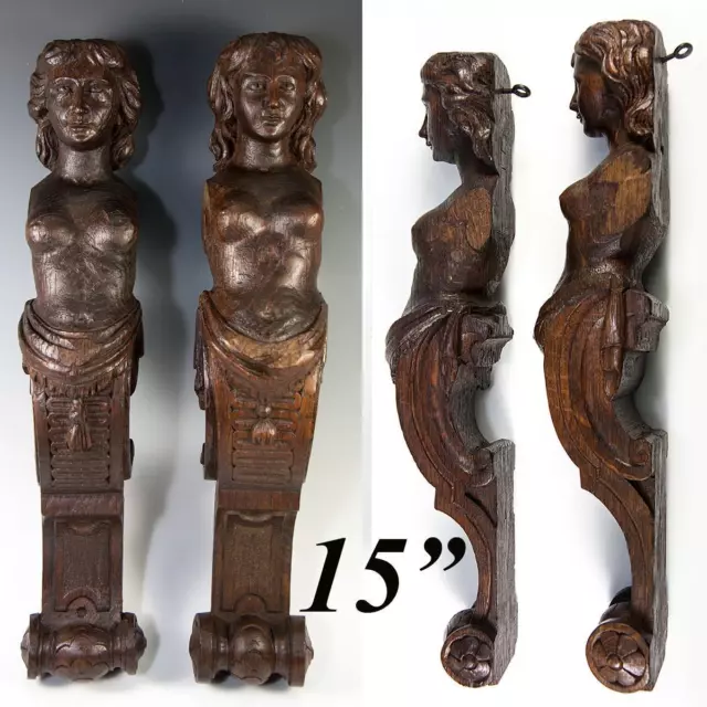 Antique PAIR of Carved Wood Caryatid Figures, 15" Tall, Cabinet or Architectural