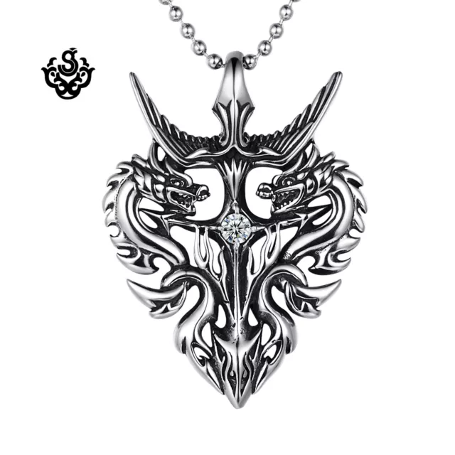 Silver pendant vintage style stainless steel dragon sword cz chain necklace 60cm