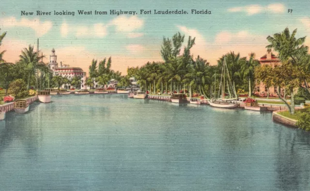Vintage Postcard 1950 New River looking West from Highway Ft. Lauderdale Florida