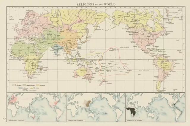 Religions of the world. Christian Islam Buddhist Heathen Hindu. TIMES 1900 map