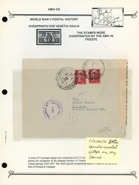 AMG-VG BUSH PAGE LOT #14 - 1946 Censored ALLIED CONTROL TRIESTE - ROMA