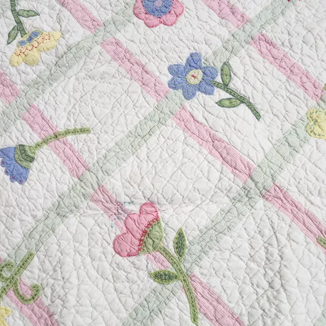 Pottery Barn Kids Baby Toddler Bed Quilt Blanket Floral Green White Pink Flowers 2