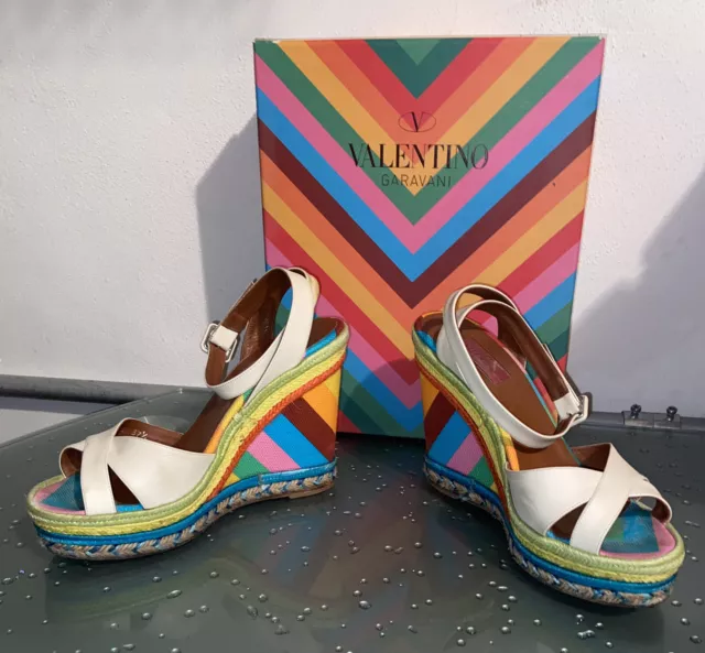 VALENTINO GARAVANI Leather & Multicolor Wedge Sandals Heels w/Box Size 37.7 7.5