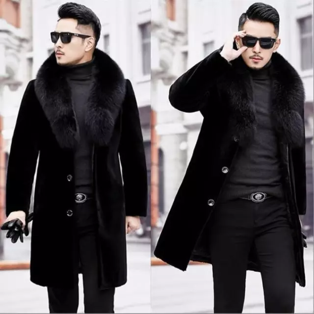 Mens Winter Faux Fur Casual Trench Parka Slim Business Overcoat Jacket Coat