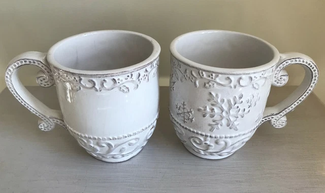 SET OF 2 ~ Ceramic Victorian / Shabby Chic Ivory Ornate Mugs with Snowflakes