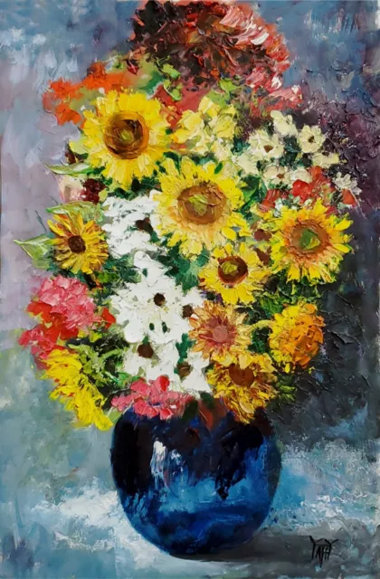 YARY DLUHOS Flower Still Life Floral Bouquet Blue Vase Original Art Oil Painting