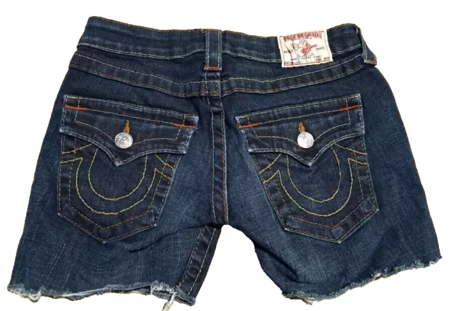 True Religion Joey  Cut-Off Size 28 Dark Denim Shorts Flap Pockets Low Rise