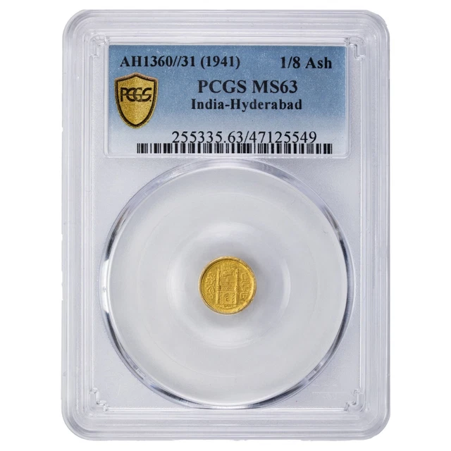India Hyderabad AH1360 31 (1941) 1/8 Ashrafi PCGS MS-63 Y# 54.2