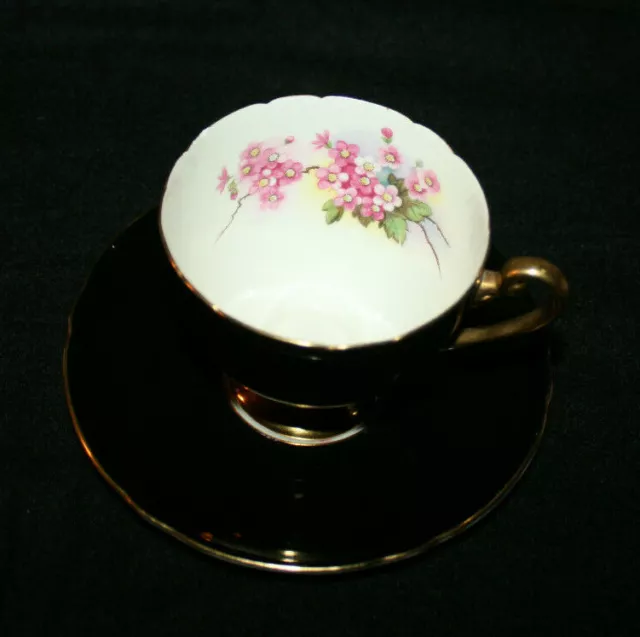 Vintage Shelley  Black Cup Saucer & Flowers  Gold Trim Fine Bone China