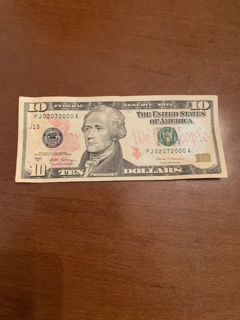 $10 TEN DOLLAR BILL - CRISP - SERIES 2017A, PJ02072000A Birthday Numbers