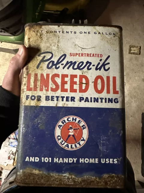 Vintage Pol-mer-ik Linseed Oil, Metal Can, Great Color Advertising, Archer