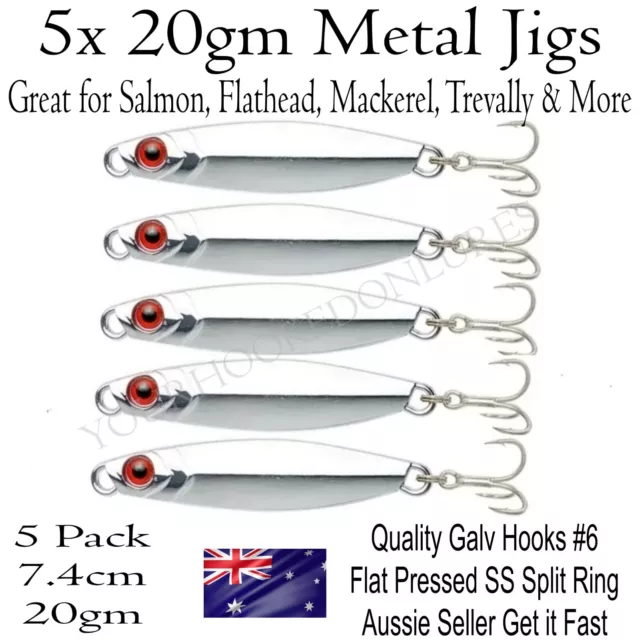 5 Fishing Lures Metal Jig Slug Bream Flathead Salmon Mackerel Tailor Herring 20g
