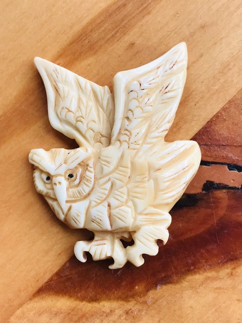 Vintage Handmade Buffalo Bone Hand Carved Charm Pendant Flying Owl Bird