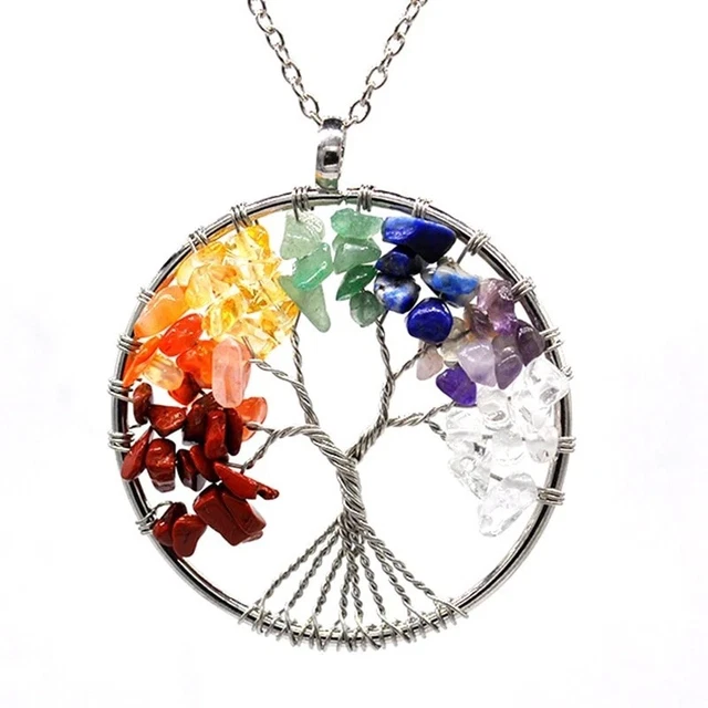 Pendant Necklace Natural Gemstone Tree of Life 7 Chakra Healing Crystal Charm