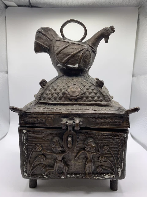 Old or antique Persian brass Or Bronze Chest Hinged Heavy Bird Or Rooster On Top