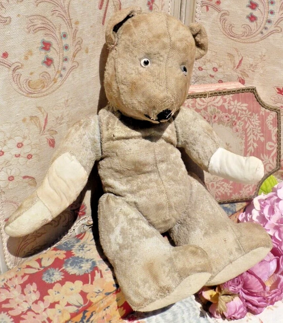 Ours En Peluche Ancien 1920 - Jouet Vintage Usé - 35 Cm - Yeux Verre