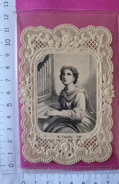 6020 - Santino Merlettato Holy Card Santa Cecilia Originale