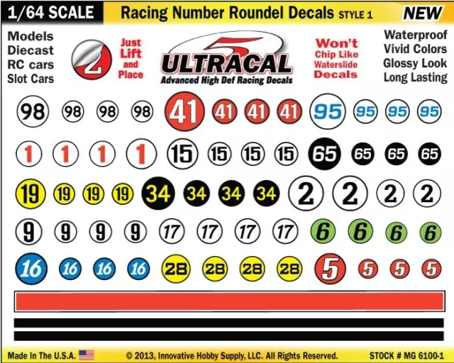 MG-6100-1 1/64 High Def UltraCal Racing Decals Number Roundel Decals Style 1