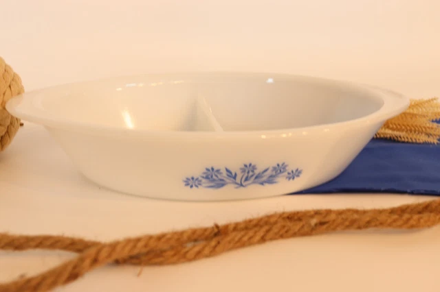 Vintage McKee Glass Glasbake Divided Casserole Dish Milk Glass Blue Flower J2352