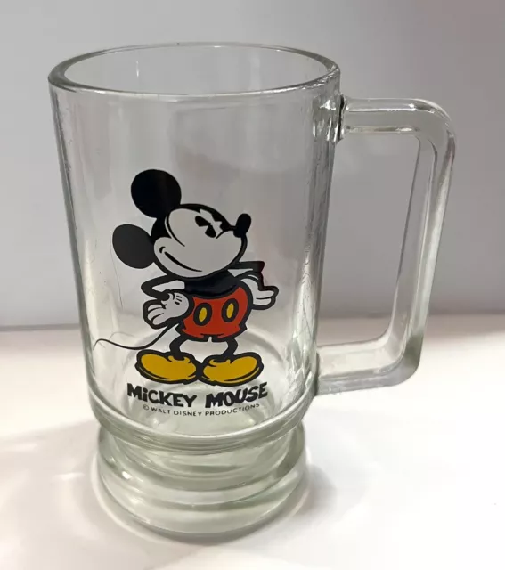 Vintage Walt Disney Productions MICKEY MOUSE Heavy Clear Glass Mug Cup Stein