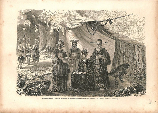Cochinchine sud du Viêt Nam costumes empereur Tự Đức et ministres GRAVURE 1860