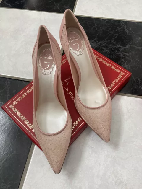 NIB 100% AUTH Rene Caovilla Crystal Embellished Pink Lace Pointed Toe Pumps Sz40