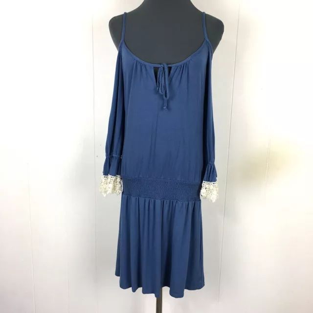 Venus Cold Shoulder Fit Flare Dress S Blue Lace Cotton Knit Knee Length 32x35