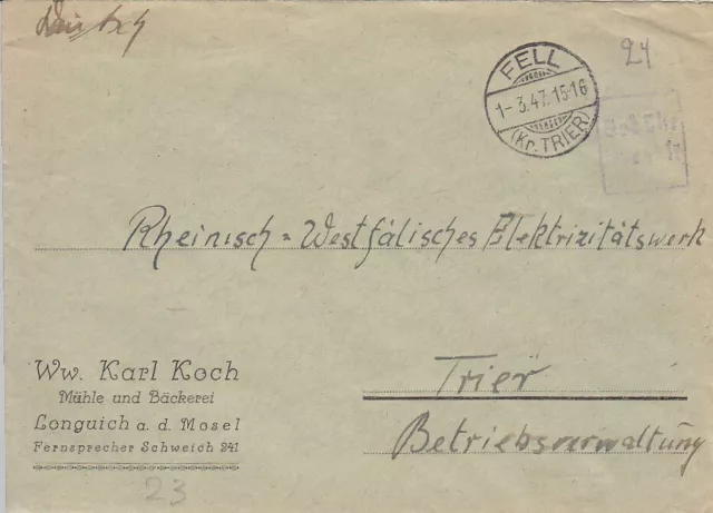 F.Zone - FELL  (Kr. TRIER)  - Gebühr bezahlt - Brief - 1947