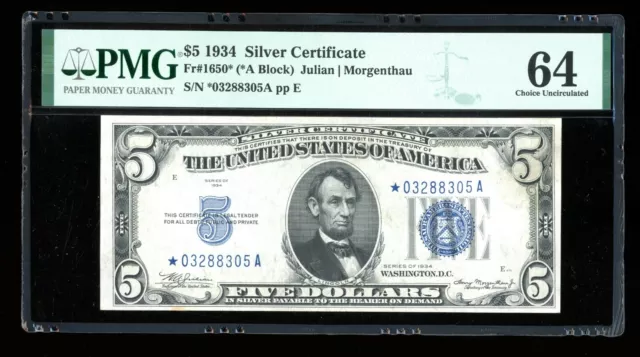 DBR 1934 $5 Silver STAR Fr. 1650* PMG 64 Serial *03288305A