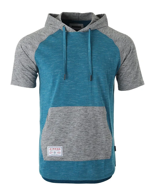 ZIMEGO Men's Short Sleeve Raglan Hoodie Round Bottom Semi Longline T-Shirt
